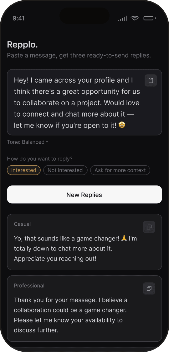 Repplo app showing three ready-to-send reply options